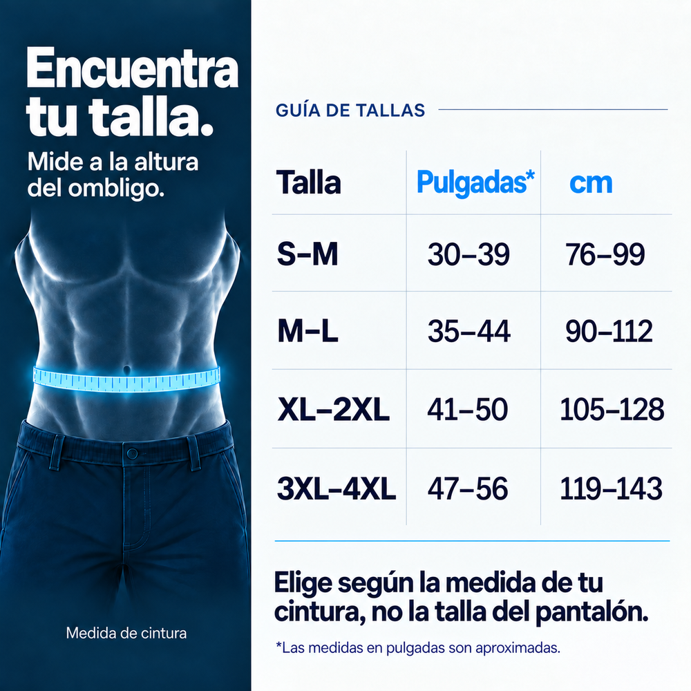 Guía de tallas de cintura en pulgadas y centímetros