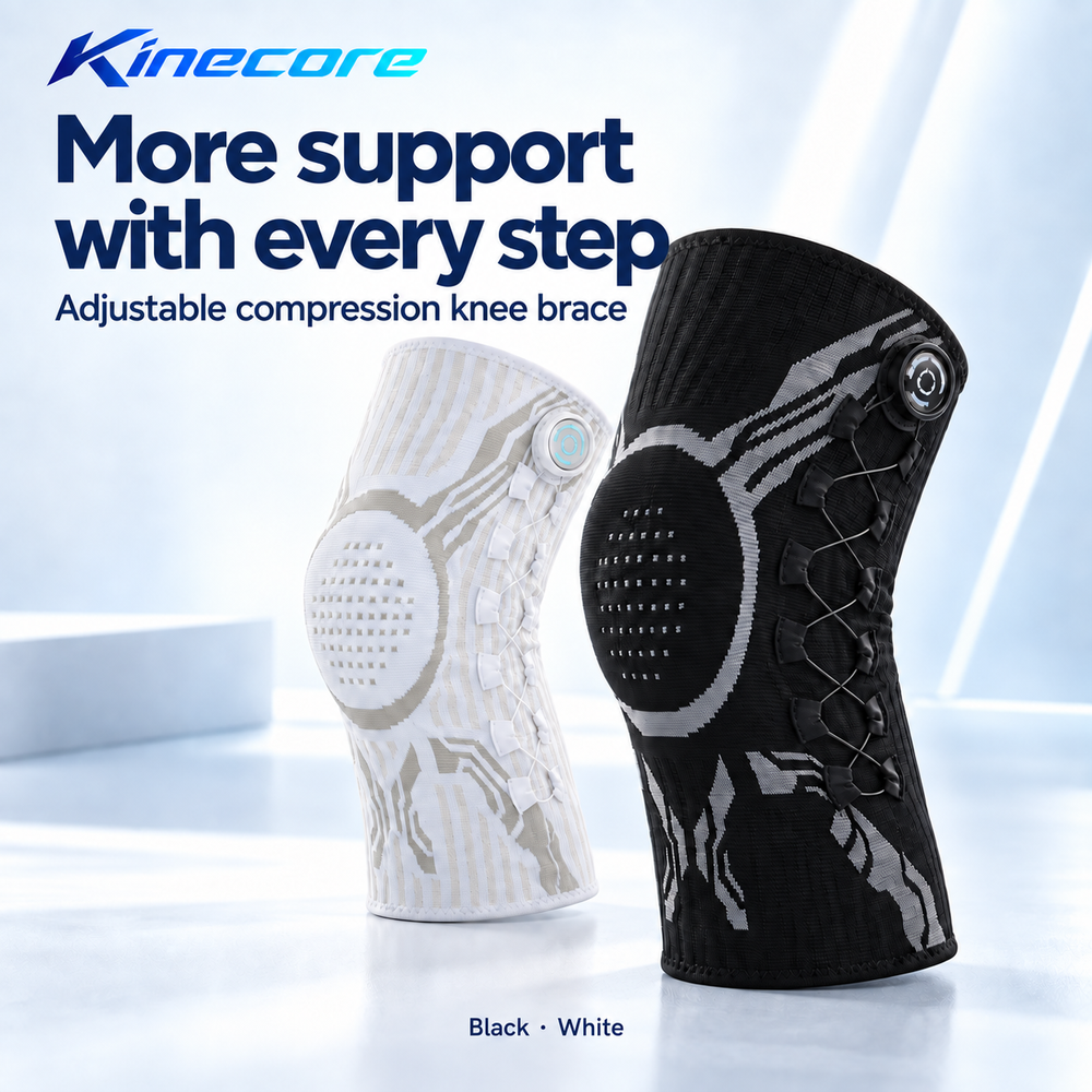 Kinecore adjustable knee sleeve in black and white.