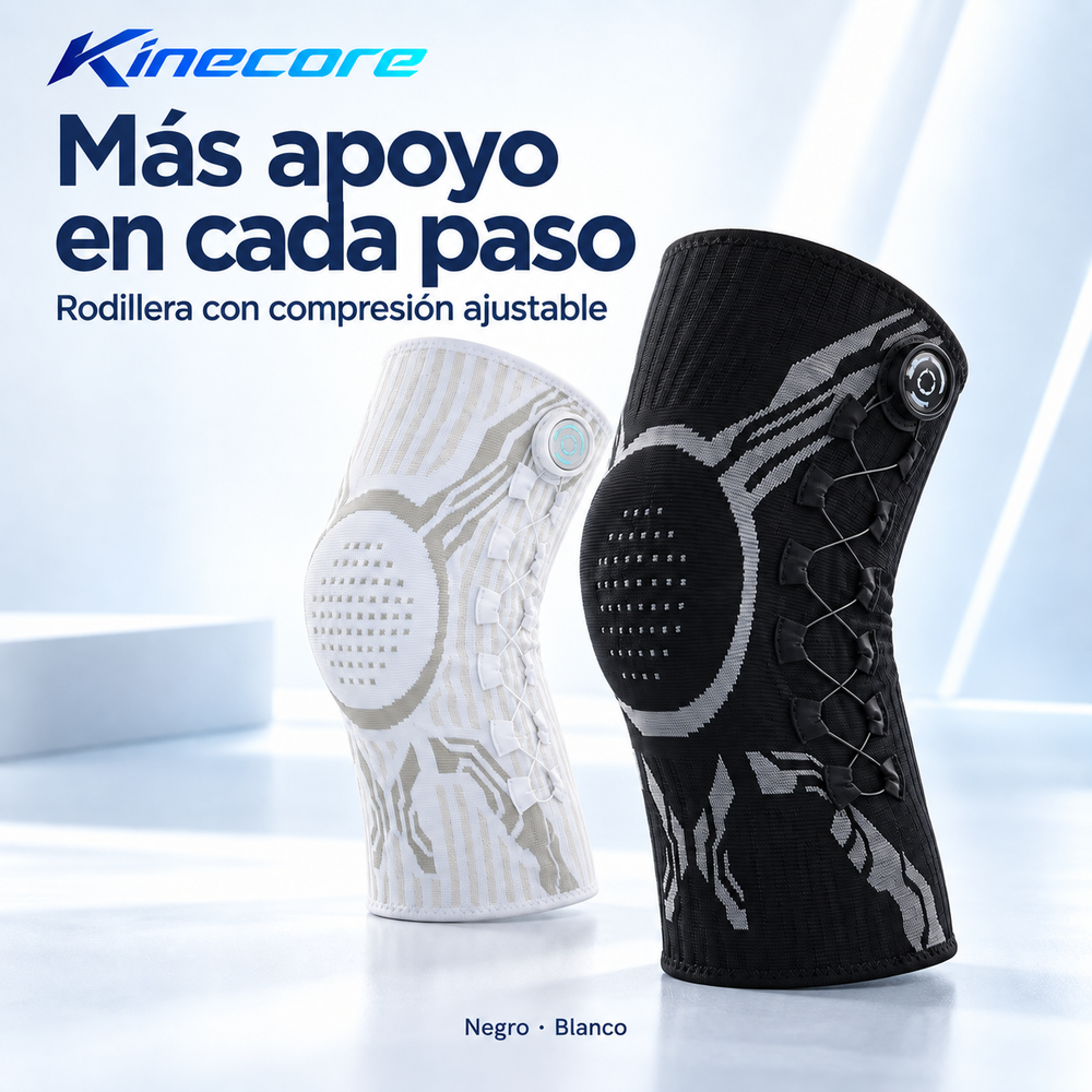 Rodillera ajustable Kinecore en blanco y negro.