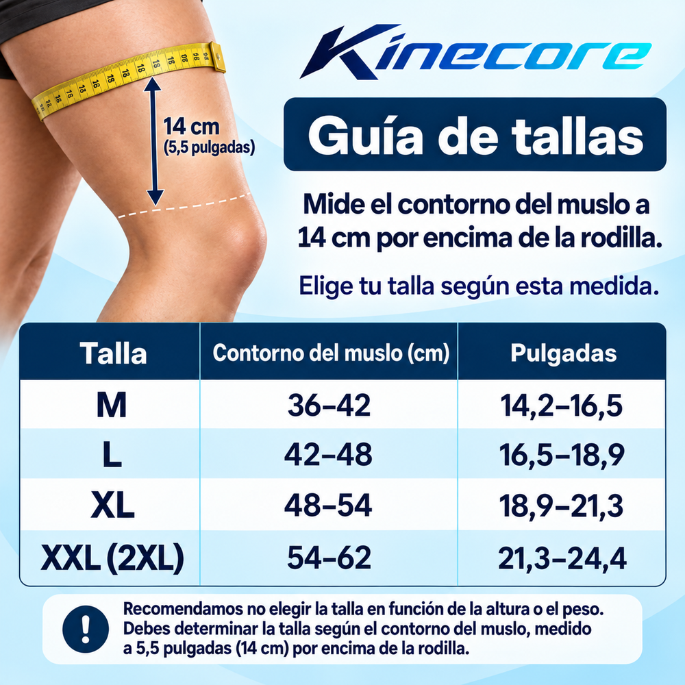 Guía de tallas: mide el contorno del muslo a 14 cm por encima de la rodilla.